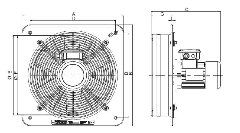 Dimensions 40304 Vortice E 354 M ATEX wall extractor fan